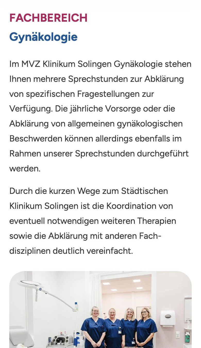 MVZ Klinikum Solingen: Eine Seite je Fachbereich