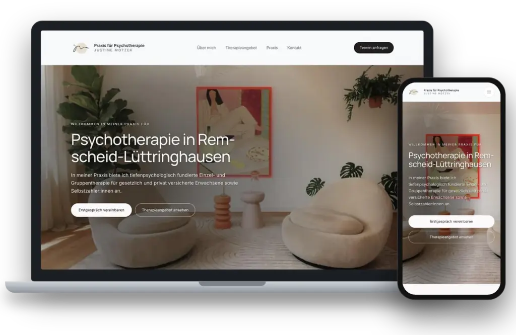 Website Psychotherapie Justine Motzek auf Laptop und Smartphone – Webdesign Siegmund